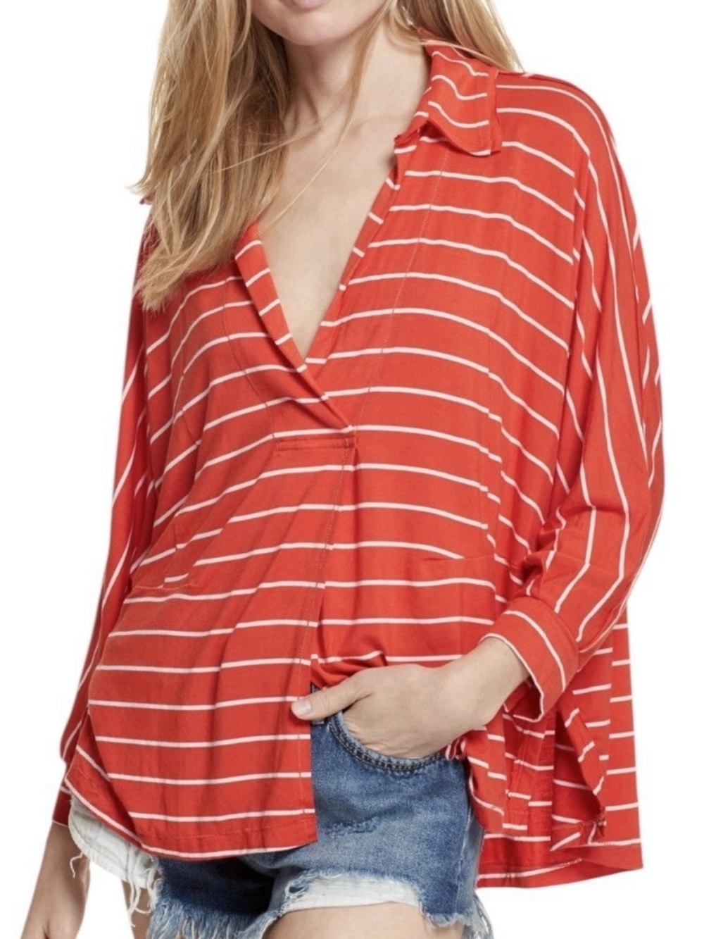 We The Free Collared Shirt Flowy Oversized Striped Red White size Womens Small